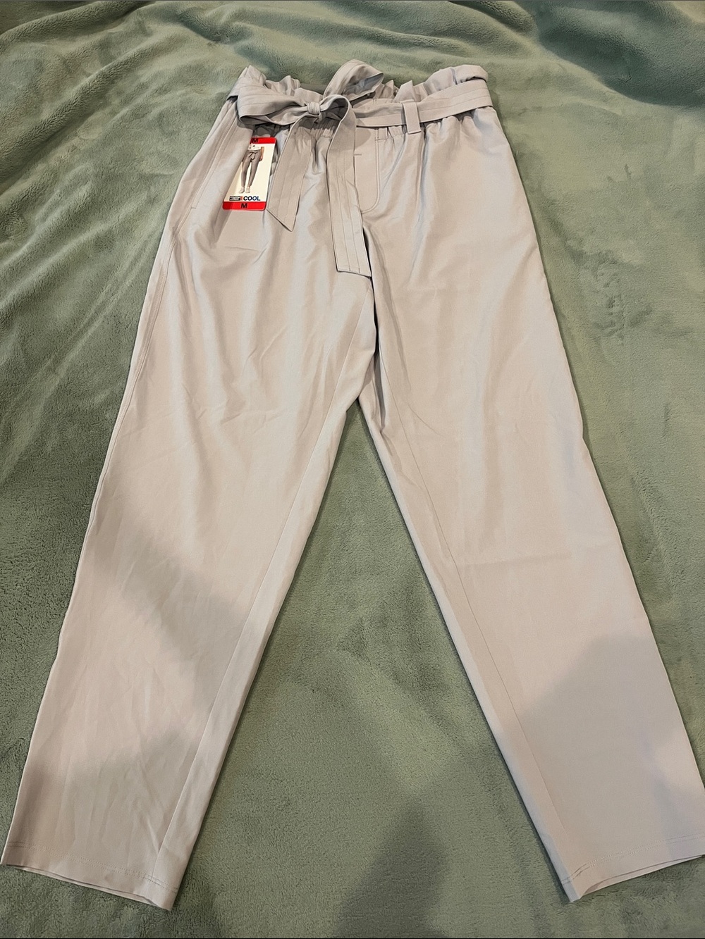 Women’s Paperbag Waist Trousers with Self-Tie Belt — Light Gray